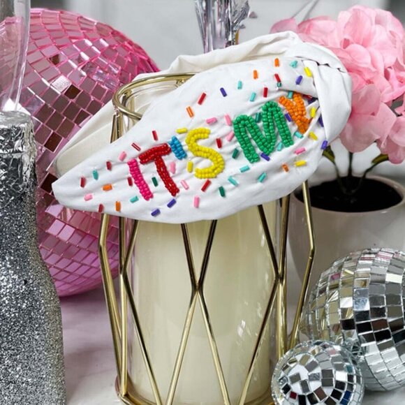 NEW IT's MY BIRTHDAY Confetti Rainbow White Fabric Embellished Headband - Picture 5 of 9